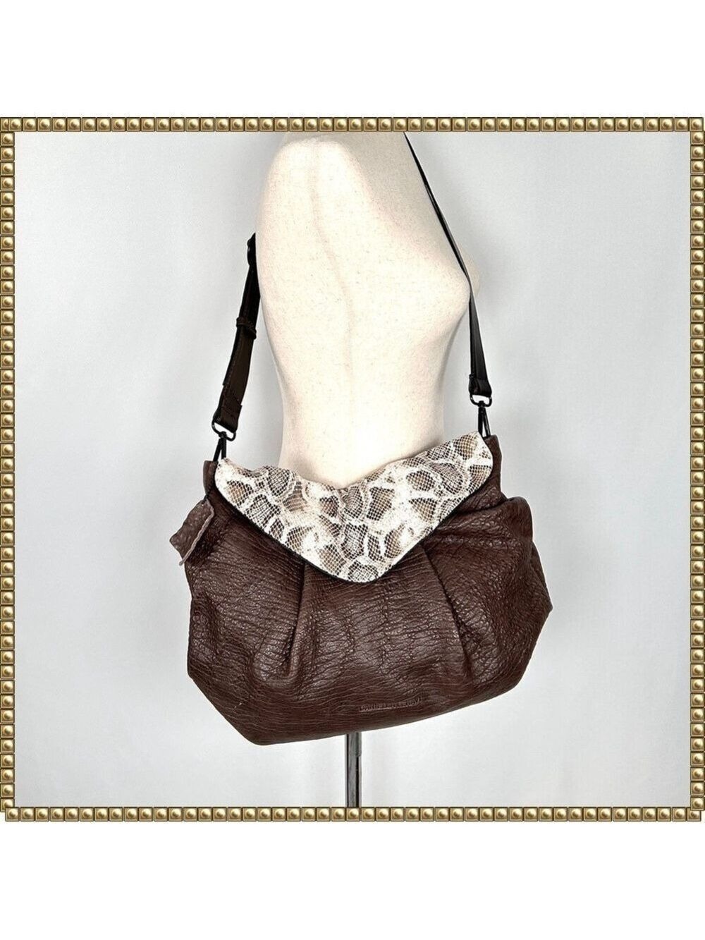 Daniella Lehavi Brown Cream Leather Croc Embossed Shoulder Bag